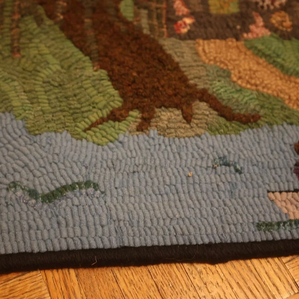 HAND HOOKED Rug Summer Lake House Boat Scene FOLK ART River 25x19